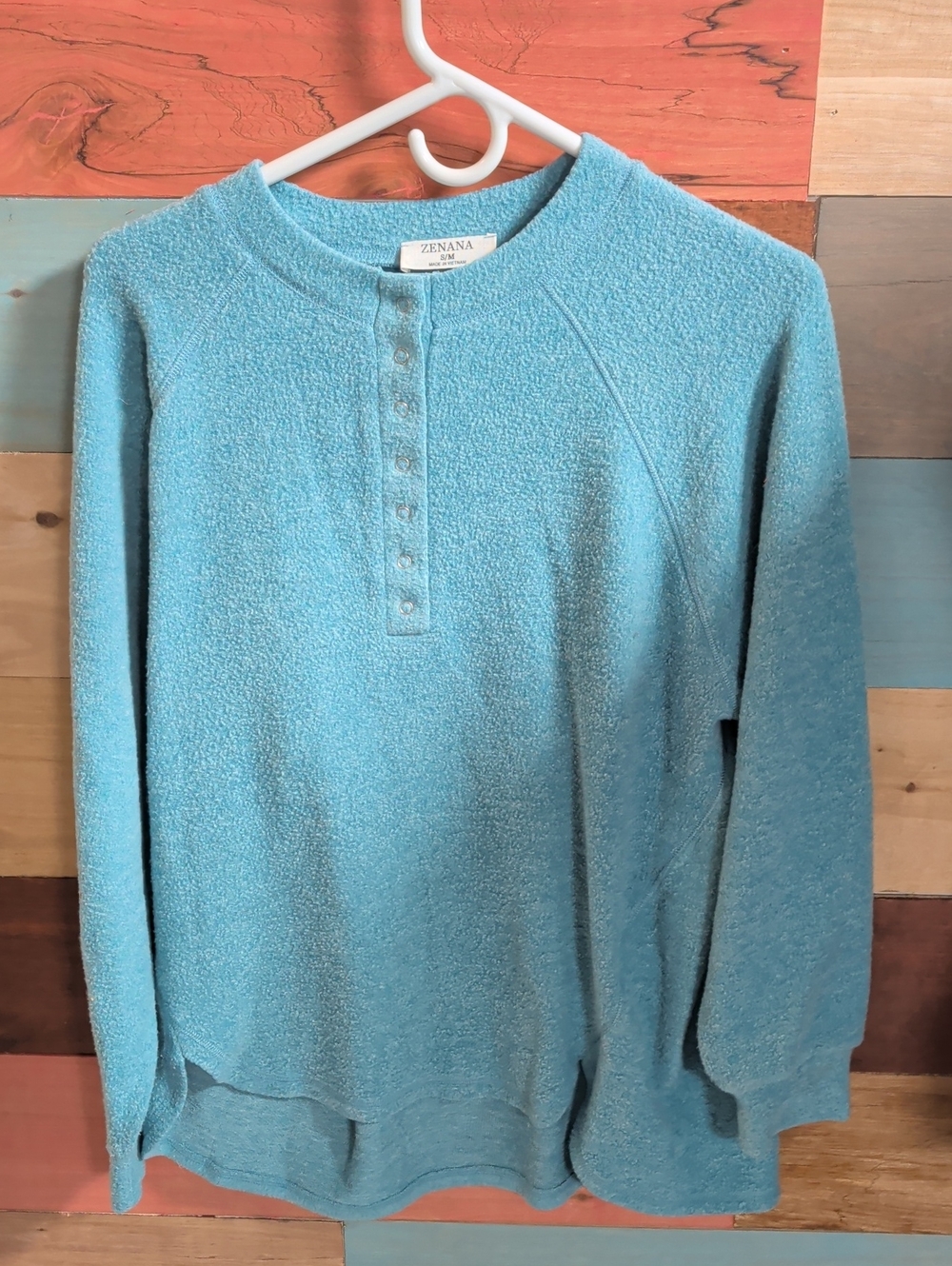 Zenana Outfitters Light Blue Textured Henley Crewneck Sweater